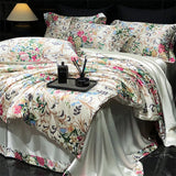 Natural Silk Bedlinens Bedding Set Nordic Flower Printed Duvet Cover Set Couple Double King Queen Size Soft Bed Sheet Pillowcase