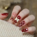 popxstar Long Ballet Press on Nails Red Rose Flower Designed Full Cover Fake Nails French Style Wearable False Nails Tips for Women