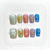 Popxstar  10pcs Colorful Handmade False Nails Set Cat's Eye Short Square Round Press on Fake Nails Art Mermaid Design Full Cover Nail Tips