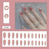 Popxstar 24Pcs Three-dimensional Love Heart False Nails with French Design Long Coffin Wearable Fake Nails Rhinestone Press on Nails Tips