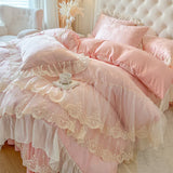 Popxstar  4/6Pcs Pink Butterfly Jacquard Three-layer Lace Ruffles Princess Wedding Bedding Set Duvet Cover Bed Skirt Bedspread Pillowcases
