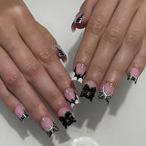 popxstar 24Pcs Pink French Style Fake Nails 3D Bowknot Designs Short Square Press on Nails Sweet Korean Fashion False Nail for Women Girl