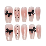 popxstar Blush Pink Handmade Press On Nails 10Pcs Glossy Ballerina Fake Nails 3D Black Bowknot Decor Women Girls Charm False Nail Patches