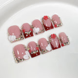 Popxstar  10pcs Sweet Nude Pink Handmade Press on Nails Art Bow Design Short Square Fake Nail Tips Flower Diamond Design French False Nail
