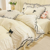 Popxstar Kawaii Seersucker Bedding Set For Girls Princess Bow Ruffle Lace Bed Skirt Skin-Friendly Solid Color Duvet Cover Sets Queen King
