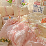 3/4Pcs Bedding Set French Princess Lace Sweet And Creamy Style Cotton Duvet Cover Pink Twice Bed Linen With Ruffles Pillowcase
