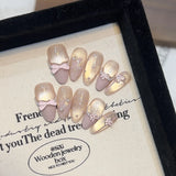 10Pcs Sweet Lovely Press on Nails Medium Almond False Nails Bowknot Pearl Nails Full Cover Glitter French Nail Cat Eye Fake Nail