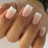 Popxstar 24Pcs Short Ballet False Nails with Bow Design White French Press on Nails Wearable Square Head Full Cover Fake Nail Manicure