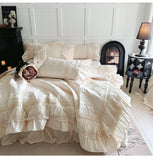 Popxstar  Rose Embossing Quilted Duvet Cover Set Vintage Lace Ruffles Pure Cotton Bedding Set Bed Sheet/Bed Skirt/Fitted Sheet Pillowcases