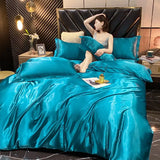 popxstar Solid Rayon Silk Bedding Set with Duvet Cover Bed Sheet Pillowcases Luxury King Single Double Couple Satin Pillow Case Bedsheet