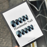 10pcs Aurora Chrome Press on Nails Short Square Solid Color Fake Nails with Geometric False Nails Glitter Blue Cat Eye Nail Art