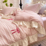 Korean Style Bedding Sets Pink Grid Bow Quilt Cover Romantic Bed Sheet Sets Woman Girls Bedroom Duvet Cover 4pcs