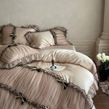 Popxstar  Romantic Lace Ruffles Bow Wedding Bedding Set 800TC Lyocell Silky Cooling Duvet Cover Flat/Fitted Bed Sheet Pillowcases 4Pcs