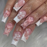 Popxstar 24Pcs Pure White French Press on Nails Long Square Head False Nails with Pearl Pink Bow Design Ballet Wearable Fake Nails