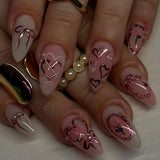 Popxstar 24pcs Sweet False Nail Patches Detachable Fake Nail Tips With Bowknots Love Heart Pearl Design Pink Almond Korean Press On Nail