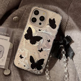 Popxstar Holographic Black Butterfly Phone Case with Lanyard for iPhone 15 PRO MAX  PLUS 14 13 12 Reflective Fashionable Phone Cover