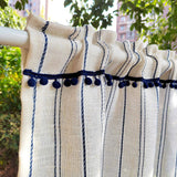 Popxstar Blue Striped Cotton Linen Texture Short Curtains Translucent Short Curtains With Hairball Tassels for Kitchen, Café, Restaurant
