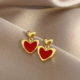 Popxstar Korean Fashion Jewelry Shining Rhinestone Hollow Heart Drop Earrings for Women Girls Vintage Red Crystal Earrings