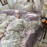 Popxstar 3/4Pcs Korean Princess Style Floral Ruffles Bedding Set Skin-friendly Soft Duvet Cover Set Bed Sheet Or Bed Skirt Pillowcases