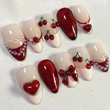 24pcs Red Cat Eye Press on Nails Pearl Heart Stick on Nails Bow French Fake Nails Sweet Cute Flower Nail Almond 3D False Nail