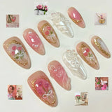 24pcs Pink Spring Summer Nail Art French Edge Fake Nails Sweet Pearl Star Shell False Nails 3D Flower Press on Nails Almond Nail