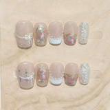 10pcs Rose Girl Press on Nails Sweet Pearl Bowknot False Nails Cat Eye Gold Foil Acrylic Fake Nails French Short Square Nail Art