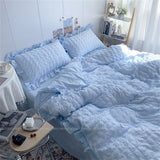 popxstar INS Girl Blue Bedding Sets Solid Color Seersucker Ruffles Lace  Kawaii Soft Sheet Woman Duvet Cover Pillow Covers Quilt Cover