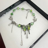 Popxstar  Y2K Hot Girl Green Butterfly Necklace Imitation Crystal Beaded Tassel Collarbone Chain Exquisite Fashionable Neckband Girls Gift