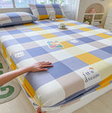 Popxstar 100% Cotton Elastic Bed Sheets Sets Plaid Print Fitted Sheet + 2pc Pillowcases Twin Full Queen King Cal-King Size Bed Cover