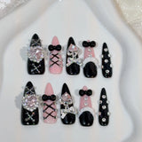 10Pcs Y2k Almond Press on Nails Cool Spicy Lolita False Nails Black Bowknot Diamond Nail Art Pink Sweetheart Camellia Fake Nails