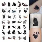 Popxstar Cute Black Cat Temporary Tattoos for Woman Man Arm Art Cartoon Fake Tattoo Waterproof Anime Yellow Moon Sleeping Kitten Sticker