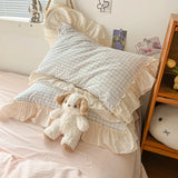 Popxstar Korean Princess Style Bedding Set Soft Skin-friendly Lattice Lace Ruffles Quilt Cover Plaid Style Duvet Covers Set Pillowcases