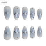 Popxstar  Y2K Girls Almond Fake Nails Gradient Blue Press on Nail Star Printed Full Cover Wearable False Nails Tips for Women DIY Manicure