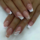 Popxstar 24pcs Fashion Nude Fake Nails White Lines French Design Ballet Press on Nails Mid-length Simple Ins Square Fake Nail Reusable