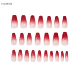 Popxstar  24Pcs Gradient Red Fake Nails Medium Length Coffin Press On Nails French Charm Manicure for Women Daily Party False Nails Art