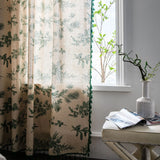 Popxstar Boho Curtains with Tassel Green Semi-Blackout Cotton Linen Farmhouse Curtain Floral Curtain for Living Room Bedroom, 1 Panel
