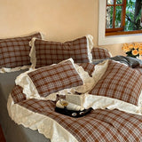 Popxstar  Vintage Plaid Flowers Lace Ruffles Bedding Set 100% Cotton Double Layer Yarn Duvet Cover Flat/Fitted Bed Sheet Pillowcases 4Pcs