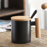 Popxstar  310ML Ceramic Coffee Mug with Wooden Handle & Lid Milk Cup Couple's Mug Office Kitchen Water Cup Drinkware Gift Box Set