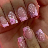 Popxstar 24 sweet cherry blossom red printed coffin full cover fake nails, French white, suitable for women's daily wear, 1 nail file and
