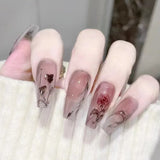 Popxstar 24Pcs/Box Gradient Long Ballet France Press on Nail Ink Chinese Style False Nails Rose Girls Full Cover Fake Nail Piece Finished