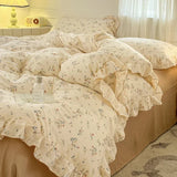 Popxstar  Princess Style Bedding Sets Ruffle Lace Bow Quilt Cover Romantic Bedclothes Decor Woman Girls Bedroom Duvet Cover 4pcs