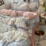 Popxstar 3/4Pcs Korean Princess Style Floral Ruffles Bedding Set Skin-friendly Soft Duvet Cover Set Bed Sheet Or Bed Skirt Pillowcases