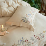 Popxstar  Natural Cotton Linen Vintage French Flowers Embroidery Luxury Bedding Set Duvet Cover Flat/Fitted Bed Sheet Pillowcases 4Pcs