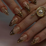Popxstar 24pcs Mid-length Almond Press on Nail 3D Wave Star Design False Nails Reusable Golden Lines Fashion Round Head Fake Nails Art