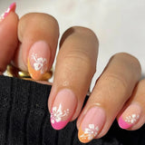 Popxstar 24 sweet cherry blossom red printed coffin full cover fake nails, French white, suitable for women's daily wear, 1 nail file and