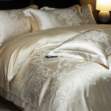 Popxstar  4Pcs Champagne Silk Damask Jacquard Egyptian Cotton Patchwork Luxury Bedding Set Duvet Cover Flat/Fitted Bed Sheet Pillowcases