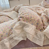Popxstar Romantic 100%Cotton Twin Bedding Elegant Pink Purple Floral Duvet Cover Set White Lace Ruffle 1.2/1.5/1.8m Bedskirt Pillowcases