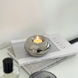 Popxstar  Modern Electroplated Ceramic Silver Candlestick Ornaments Round Candle Pedestal Ins Style Desktop Home Decoration