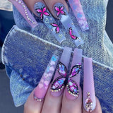 Popxstar 24pcs Rhinestones Design False Nails Press on Long Ballet Pink French Fashion Fake Nails Square Manicure Tips Wearable Finished