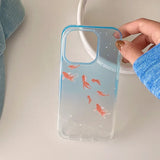 Popxstar  Clear Blue Gradient Koi Fish Gloss Mobile Phone Protective Case For iPhone 12 13 14 15 Pro Max Coque For iPhone 16 Pro Max Cover